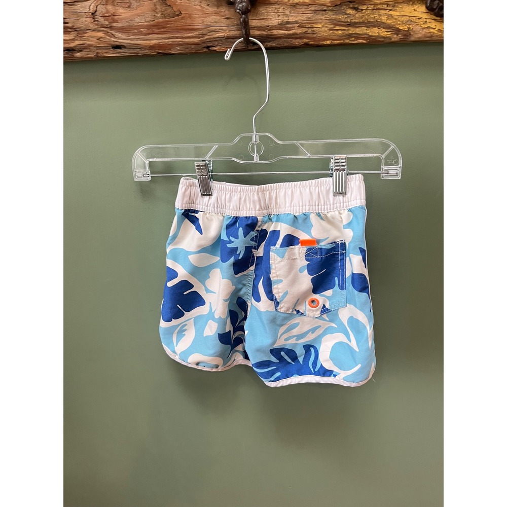 Mini Boden Boys Blue Tropical Floral Swim Trunks Board Shorts Mesh Lining 5-6Y